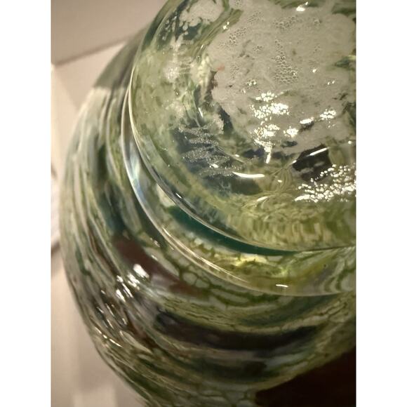 Signed Art Glass Bud Vase Cobalt Blue Greens Art Glass Vase 5x4 Inches - Picture 5 of 6